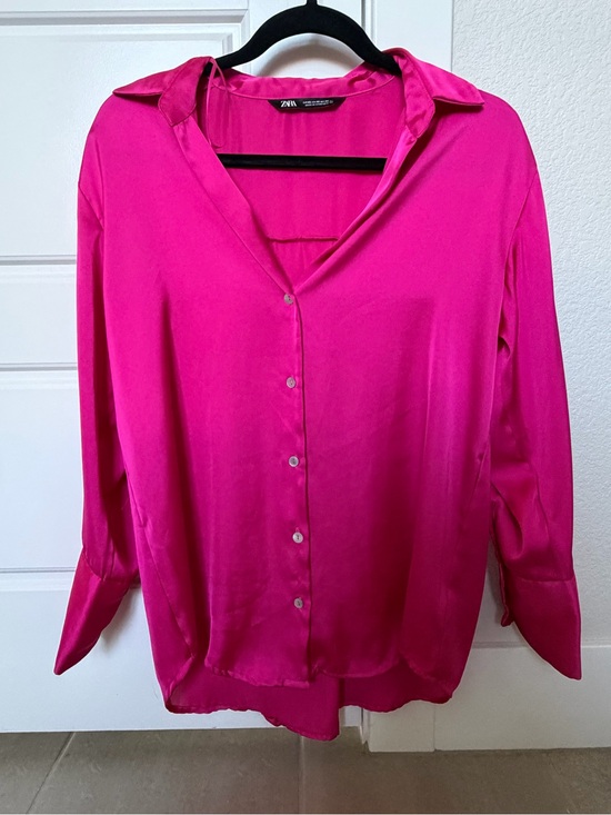 Zara Tops - Zara Bright Pink Satin Button-Down Blouse